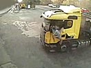 Truck driver gets launched out of cabin.